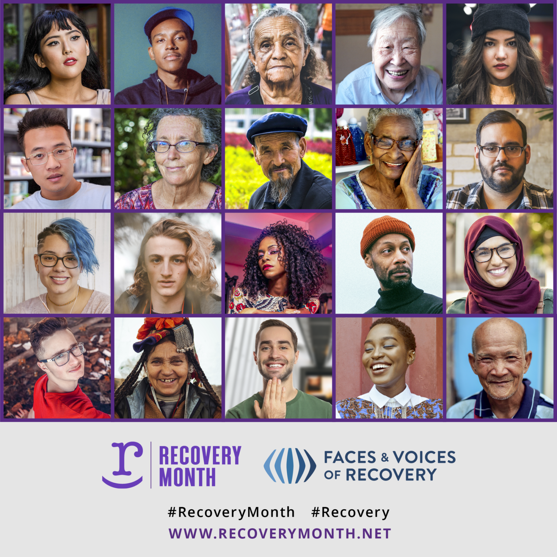 collage of diverse people, with logos Recovery Month, Faces & Voices of Recovery. Text reads: #RecoveryMonth #Recovery www.recoverymonth.net