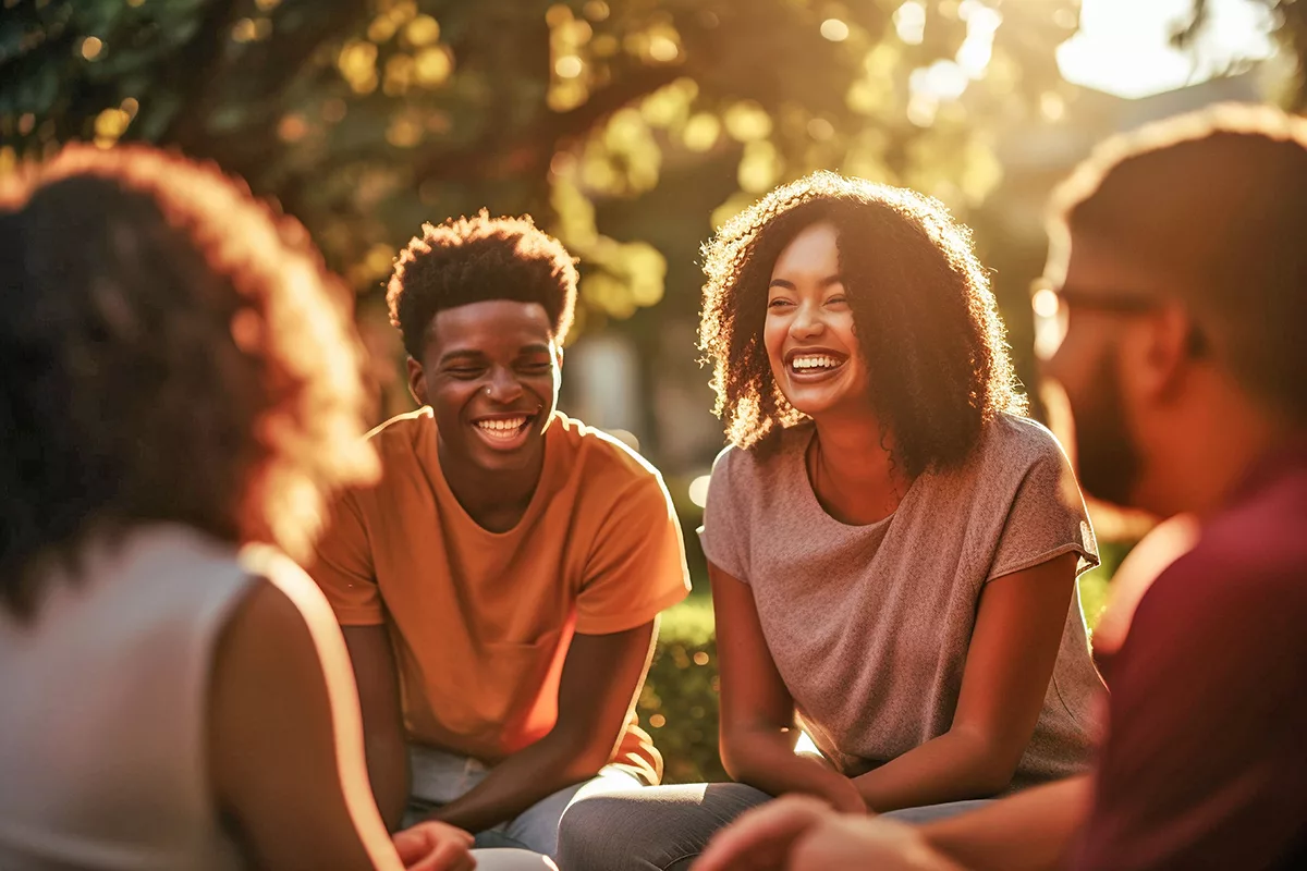 group of people in therapy sitting outside talking to one another