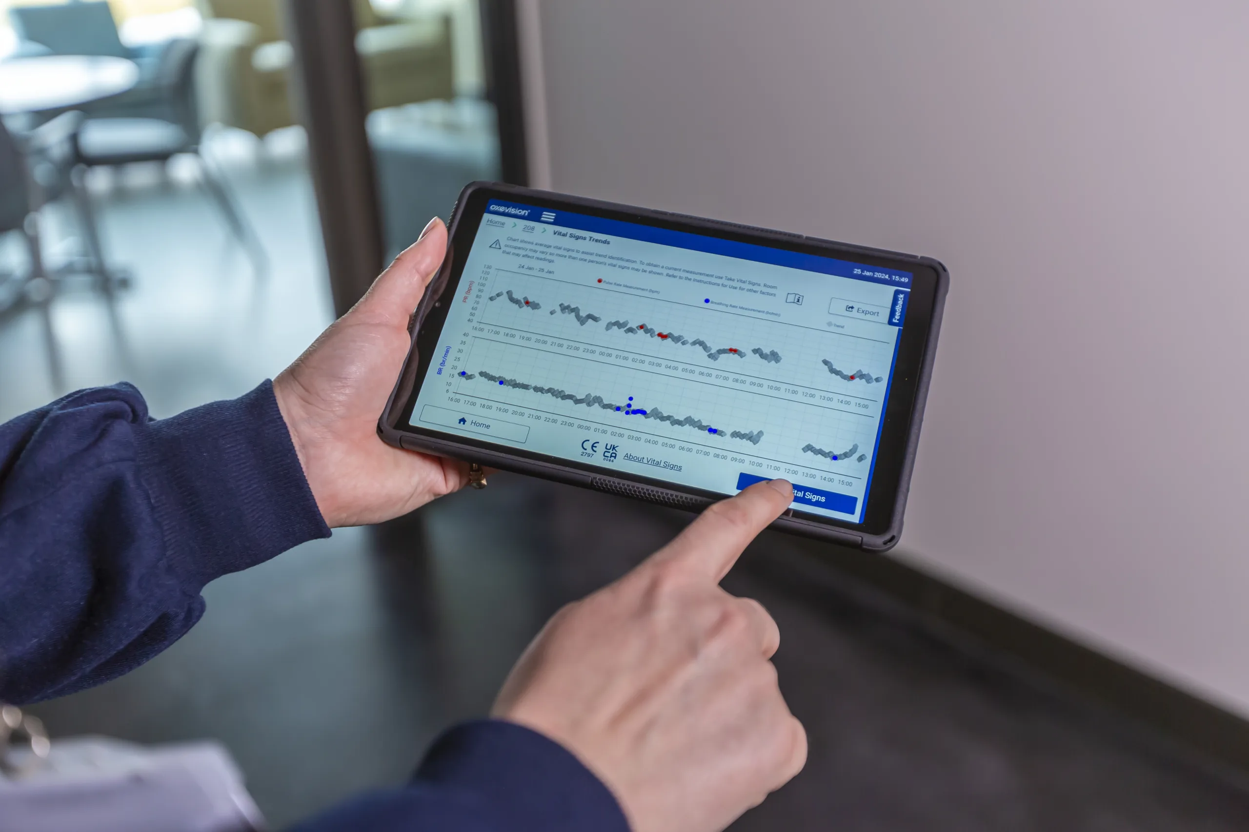 Oxevision handheld contactless patient monitoring device.