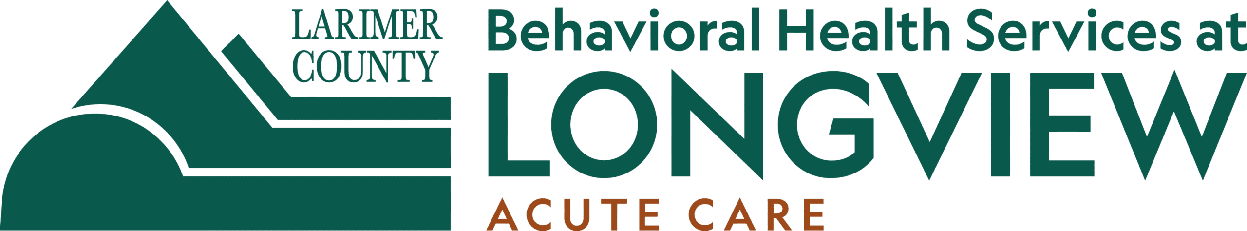 Logo for Larimer County Behavioral Health Services at Longview Acute Care, featuring a stylized mountain graphic and bold text highlighting the facility's name and services.